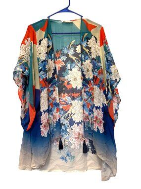 Johnny Was Marritt Open Kimono Top Sheer 100% Silk Red & Blue Floral Print